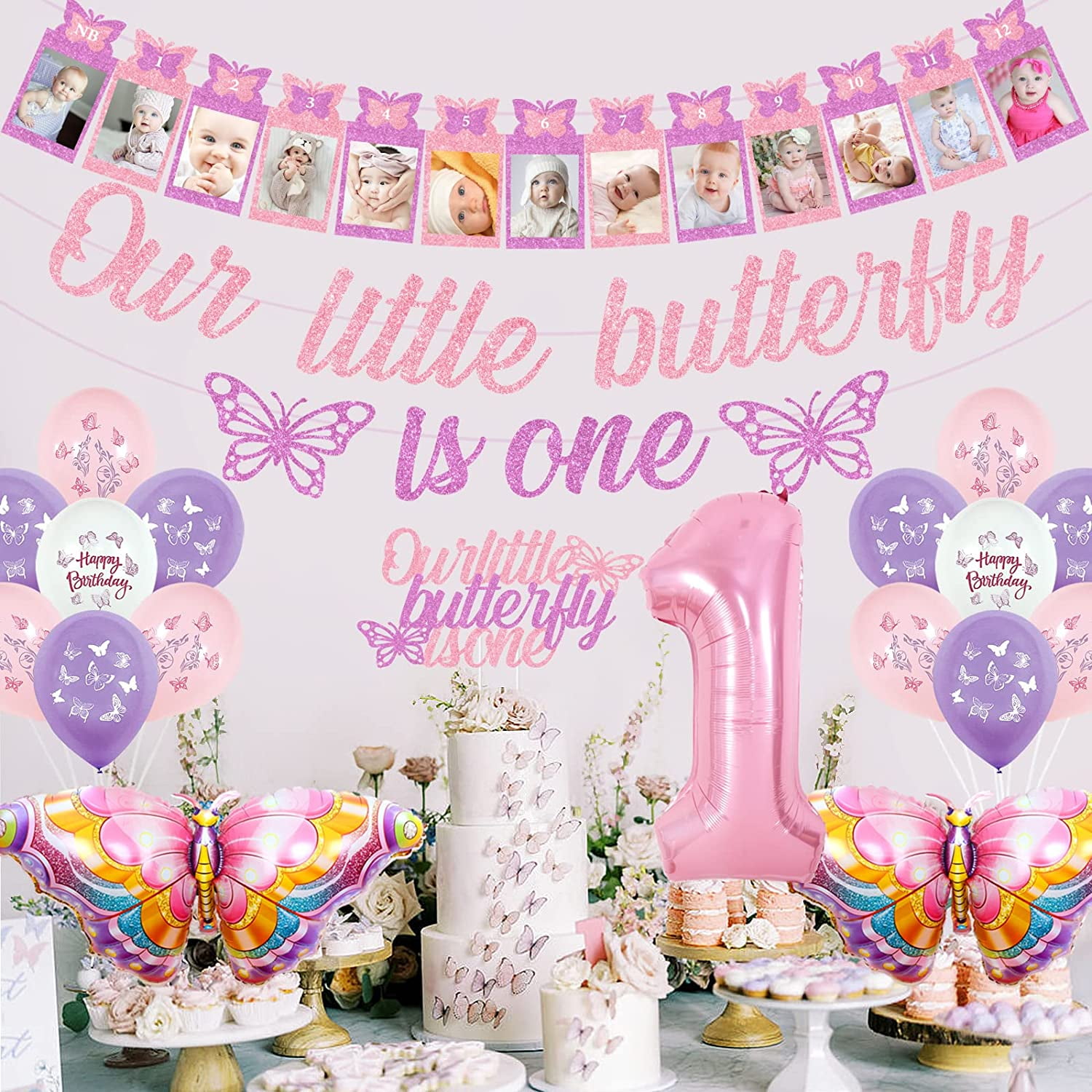 Butterfly 1st Birthday Decorations Pink Purple Girls, Our Little Butterfly is One Banner Butterfly Photo Banner Birthday Balloons Decor for Girls Butterfly Floral Theme First Birtdahy - Walmart.com